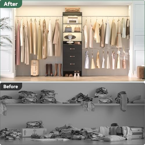 Besiost 96'' Closet Organizer System with 3 Hanging Rods, 8FT Closet Organizers and Storage with 3 Wooden Drawers, Built in Closet Organizer Systems, Adjustable Walk-in Wardrobe from 5-8FT, Black - Image 6