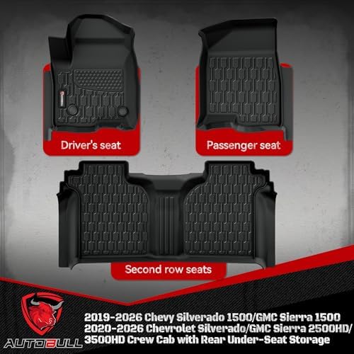 Floor Mats Fit for 2019-2026 Chevy Silverado 1500/GMC Sierra 1500, 2020-2026 Chevrolet Silverado/GMC Sierra 2500HD/3500HD Crew Cab with Rear Under-Seat Storage, TPE All Weather Floor Liner Car Mats - Image 2
