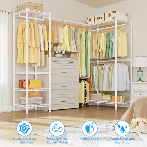 ULIFHOME E10L L-Shaped Clothes Rack for Corner（With Expandable Hanger Rod）Heavy Duty Freestanding Clothing Racks for Hanging Clothes，Portable Garment Rack 58-82"W x 30"D x 72"H，Max Load 900LBS, White - Image 5