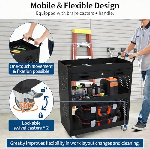 Garvee 27 Inch Rolling Tool Cart on Wheels, 3 Tier Steel Utility Tool Cabinet with Drawer and Casters, Heavy Duty Tool Chest for Garage, Warehouse and Workshop - Image 7