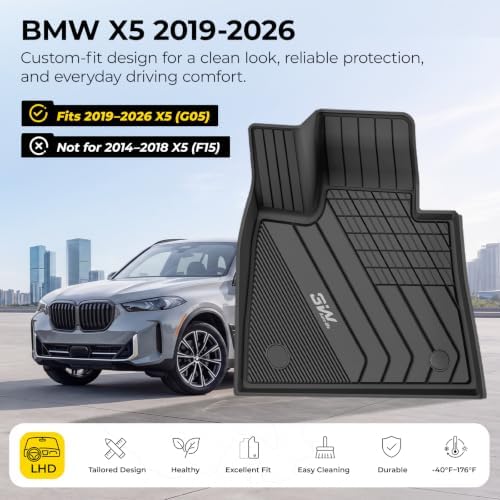 3W Floor Mats for BMW X5 2019-2026, TPE All Weather Custom Fit, Black - Image 2