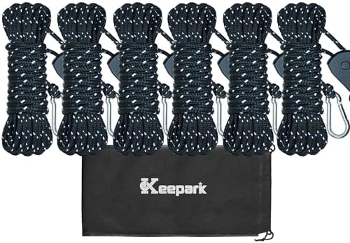 Camping Ropes Guy Line - Tarp Tie Down Ropes with Ratchet System, Pulley & Reinforced Metal Gear - Adjustable Heavy Duty Guy Lines for Canopy Tent, Quick Setup Outdoor Strap-4Pack - 6Pack by Keepark