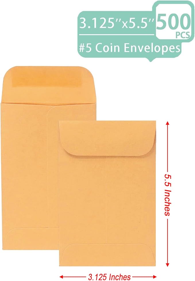 500 PCS #5 Coin Envelopes, 3.125 x 5.5 inches Brown Kraft Envelopes Classic - Image 3