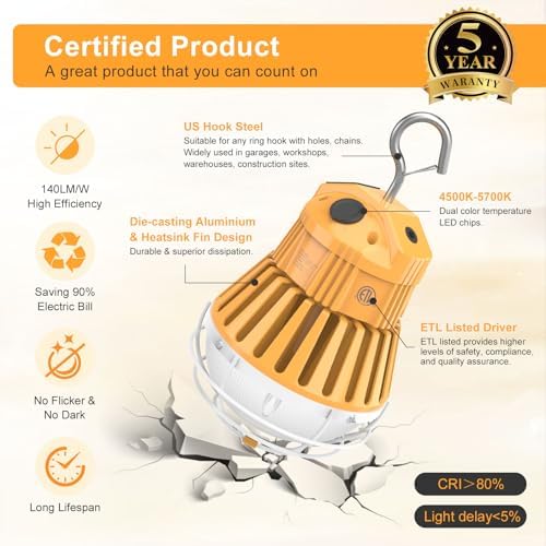 LED Temporary Work Light 100W 80W 60W Adjustable LED Construction Light(450W/400W/350W MH/HPS Equiv.) 14000LM ETL Listed, Adjustable 3CCT 4500K/5000K/5700K Linkable Hanging Work Lights for Job Site - Image 5