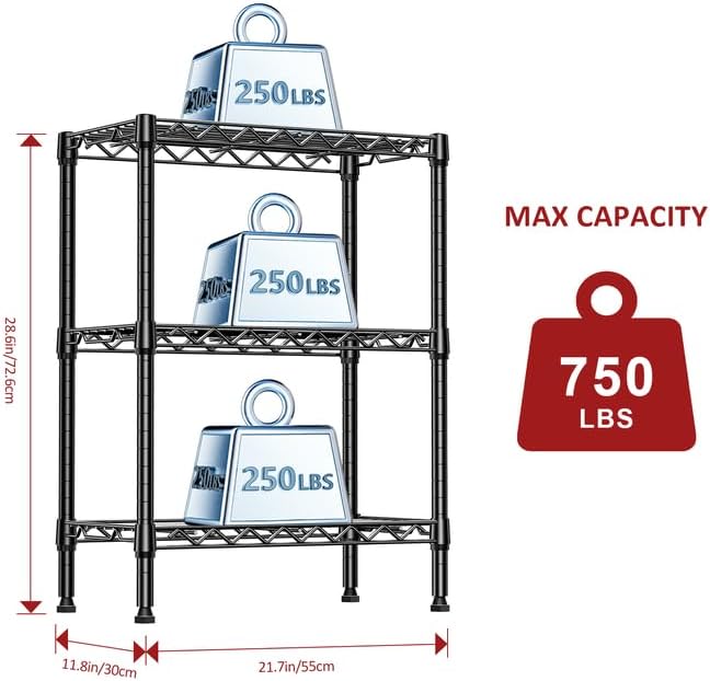IZEUK 3-Tier Steel Storage Shelves, Heavy Duty Metal Shelf Wire Shelving Rack for Pantry, Kitchen, Living Room, or Office Organization (21.7" W x 11.8" D x 28.6" H, 750LBS, Black) - Image 3
