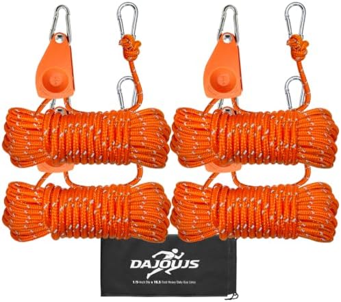 4Pack 6mm Reflective Guy Lines, Heavy‑Duty Tent Rope Tie Down Rope Line, Ultralight Camping Rope with Ratchet Pulley & 2 Metal Buckles, Aluminum Adjuster for Tarp Canopy Kayak Outdoor Camping, 16.5ft by DAJOUJS