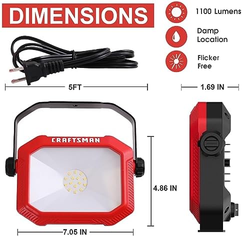 CRAFTSMAN 1100 Lumens 4000K LED Tiltable Portable Work Light with 2-IN-1 Adjustable Metal Rotating Stand and Handle, Impact-Resistant Glass Lens, 5FT Power Cord, ETL, 2 Count(Pack of 1) - Image 2