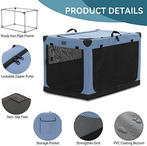 PETSFIT 30" Soft Portable Dog Crate – Patented Spiral Sturdy Frame, Collapsible Travel Kennel for Medium Dogs, 3 Mesh Door, Lockable Zippers, Indoor & Car Use Blue - Image 5
