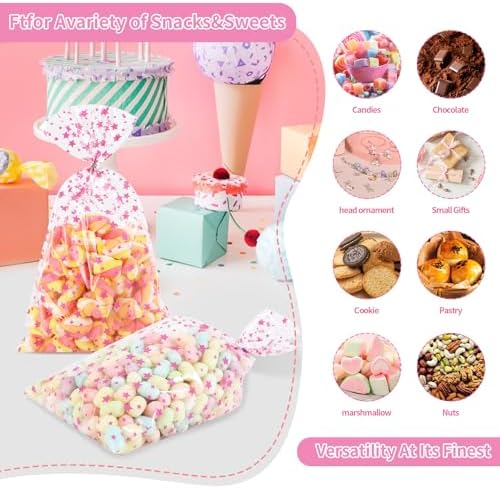 COQOFA 100 Pcs Pink Star 7"X12" Gift Wrap Cello Cellophane Treat Bags Party Favor Bags Clear Candy Cookie Plastic Poly Goodie Storage Bags with Twist Ties for Baby Shower, Gender Reveal, Birthday - Image 6