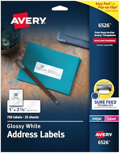 Avery Address Labels, Sure Feed and Easy Peel Technology, Glossy White Labels, 1" x 2-5/8", Permanent, Laser/Inkjet, 750 Total (6526) by Avery