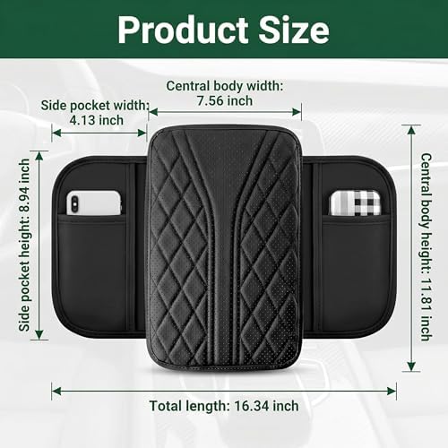 Car Center Console Cover, Leather Car Armrest Cover with 2 × Storage Bags, Waterproof Auto Arm Rest Covers Pad, Universal Console Covers for Storage Box Protector for Vehicle SUV Truck (Black) - Image 2