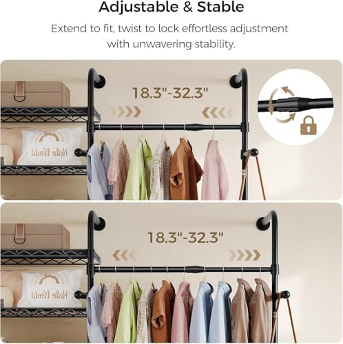 Closet Organizers and Storage, 5-Row Heavy Duty Clothes Rack for Hanging Clothes, Wall Mounted Closet System with 4 Telescopic Rods, 3 Fixed Rods, 6 Hooks, 8 Shelves for Wardrobe, Bedroom, Small Space - Image 4