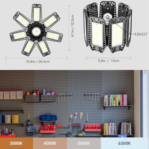 LED Garage Light 4 Pack - 200w 20000LM 6500K Garage Lights Ceiling LED with 7+1 Adjustable Panels, Shop Lights Screw in E26 E27 Bulb Socket for Workshop, Storage Room, Basement, Warehouse - Image 4