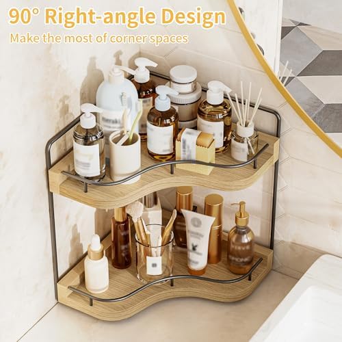 2-Tier Corner Bathroom Counter Organizer, Larger, Light Walnut - Image 5