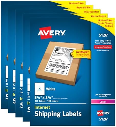 Avery Half-Sheet Printable Shipping Labels, 5.5" x 8.5" Customizable Stickers, White, 1,000 Blank Mailing Labels Total, Great for Mailing, Shipping, Organizing, and More (5-Pack of 5126) by Avery