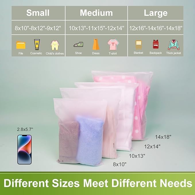 Frosted Packaging Bags for Shipping, 50 Pcs 14x18 Inch Zipper Plastic Shirt Bags for Clothing, T-Shirt, Pants, Document, Sweaters, 3 Mil with Vent Holes - Image 6