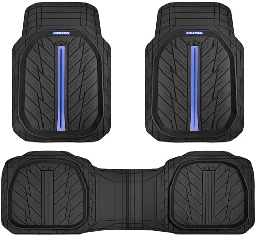 CAR PASS Tire Tread DeepDish Rubber Floor Mats for car Heavy Duty car mats All Weather, Universal XL~M Trim to Fit for Truck SUV Vehicle Automotive, Waterproof car mats 3 Piece(Blue Black) by CARPASS
