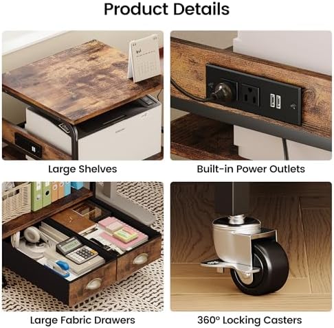 Extra Large Printer Stand with 2 Farbic Drawer, 3 Tier Printer Table with 4-Adjustable Heights, Rolling Printer Cart with Storage for Printer Scanner Fax Home Office Use, Rustic Black and Brown - Image 5