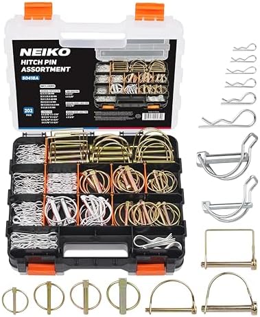 Neiko 50418A Trailer Hitch Pin Clip Set, 202 Pc O-Ring Locking Trailer Pin Clips, Zinc Plated, Steel Square Tractor, Double Line, Linch, PTO and Hairpin Cotter Pins by NeikoTools