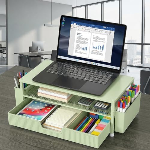 ECOLOVI Desk Organizer and Accessories, 2-Tier Computer Monitor Stand Rise with Storage Drawer & 2 Pen Holders, Laptop & Printer Stand for Desktop, Workspace Organizers for Office Supplies (Sage Green) - Image 5
