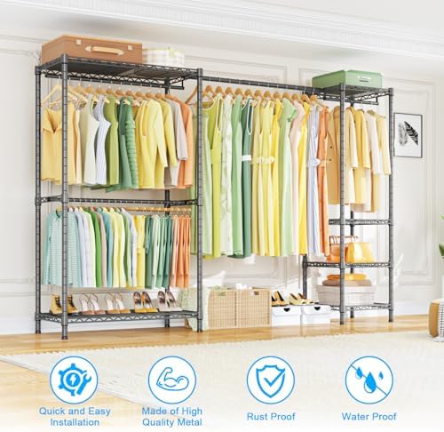 Ulif E10 Clothes Rack（With Stretchable Hanger Rod）Freestanding Clothing Racks for Hanging Clothes，Adjustable Closet Organizer System，Portable Garment Rack 73-97" W x 15" D x 72" H，Max Load 800LBS，Grey - Image 4