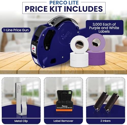 Perco Price Gun 1-Line Kit with 2 White 4 Purple Rolls, Clip & Ink Rollers - Image 2