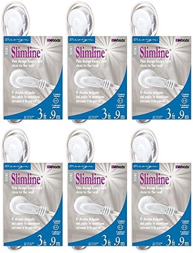 Woods Slimline Extension Cord - 16/3 Indoor Flat Plug with Right Angled Design - 3 Polarized Outlets - PVC Jacket - Space Saving - Neutral White - 16 Gauge - 3 Feet, (Pack of 6) by Woods