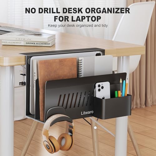 Litwaro Desk Side Storage Organizer, 2 Tier Laptop Holder Clamp on Desk Organizer, No Drill Laptop Mount with Magnetic Pen Holder, Hanging Desk Organizer Fits Flat Edge Table 0.4" to 2.1" (Black) - Image 6