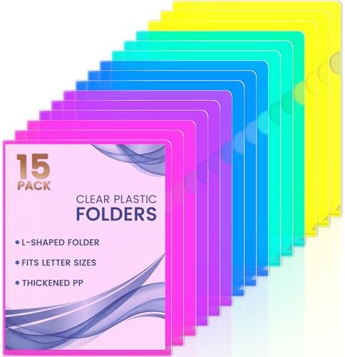 Sooez 15 Pack Clear Document Folder, Plastic Sleeves for Paper 8.5 x 11, Plastic File Folders Paper Sleeves Protector, Heavy Duty Poly File Jacket Sleeves Pocket Folder Cover,5 Assorted Colors by Sooez
