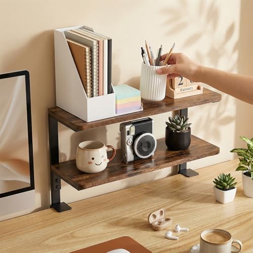 2-Tier Desk Extender, 22-inch Clamp-On Desk Shelf, Height-Adjustable Desktop Shelf Organizer for Monitors Office and Gaming Accessories, Arm Support Table Extension, Dark Brown - Image 2