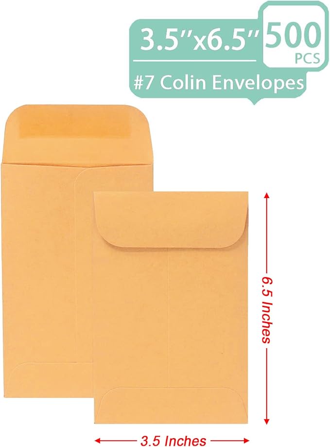 500 PCS #7 Coin Envelopes, 3.5 x 6.5 inches Brown Kraft Envelopes Classic Small - Image 3