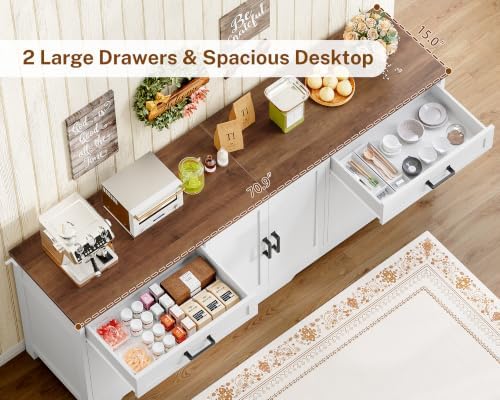 usikey 71" Buffet Cabinet with Storage, Large Sideboard Cabinet with 2 Drawers & 6 Doors, Modern Farmhouse Coffee Bar Cabinet, White - Image 5