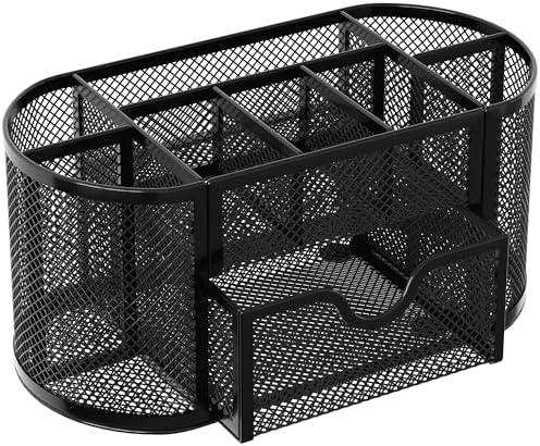 EasyPAG Mesh Pen Holder Desk Organizer with Drawer Stationery Supplies Organizer for Dorm School 9 Compartments Workspace Desk Accessories Organization for Office, Black - Image 2