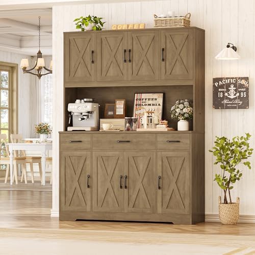HOSTACK 71" Tall Kitchen Pantry Storage Cabinet, 55" W Kitchen Hutch, Brown - Image 2