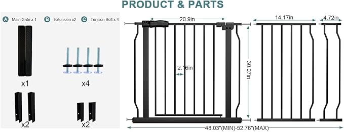 Extra Wide Baby Gate Tension Indoor Safety Gates Black Metal Large Pressure - Image 2