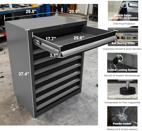 JZD Garage Organizer Set: Steel Tool Cabinet, Overhead Storage & Wood Work Surface, Free Standing for Mechanical Shop Home Repair - Image 5
