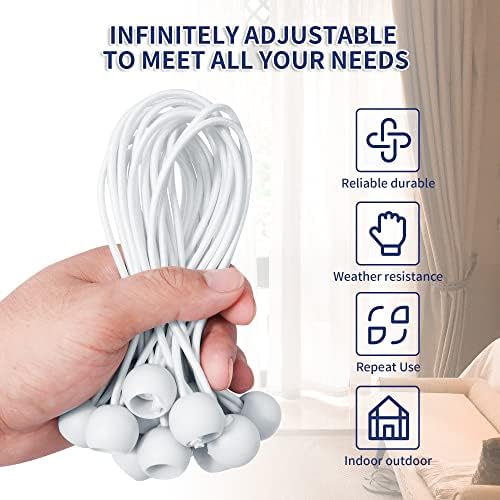 6 Inch Ball Bungee Cords, Heavy Duty UV Resistant Elastic Strap, Reusable Tie Down Cord with Balls, Indoor Outdoor Cords for Golf Net, Soccer Goals, Camping, Tent Poles, Hose (White, 20 Pack) - Image 3