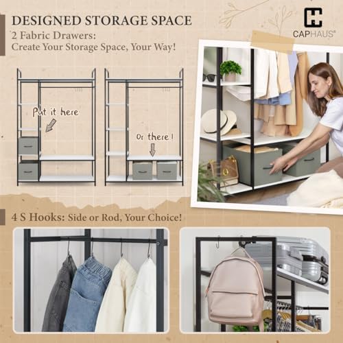 CAPHAUS 979lbs Capacity Garment Rack for Hanging Clothes, Heavy Duty Open Wardrobe w/Hanging Rods & Fabric Drawers, Free Standing Closet Organizer, Metal Closet Rack w/White Wooden Shelves - Image 5