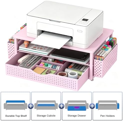 Spacrea Desk Organizers and Accessories, Printer Stand with Storage, Pink - Image 2