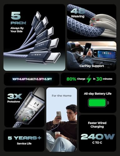 LISEN USB C to USB C Cable, 240W Fast Charging PS/2 Charging Cable - Image 2