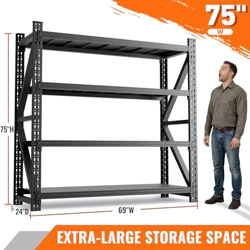 6000LBS 4 Tier Garage Storage Shelves, Heavy Duty Adjustable Storage Rack for Warehouse, Basement, Shop and Office, Commercial-Grade Steel Organizer, 75" W x 24" D x 69" H - Image 2