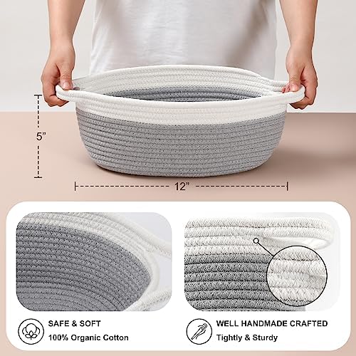 4 Pack Small Woven Basket with Handles, Cotton Rope Room Shelf Storage Basket, Cute Baby Gift Basket for Nursery, Bedroom - Cat Dog Toys Basket, Empty Decorative Gift Chest Box, All 12"x 8"x 5",Grey - Image 4