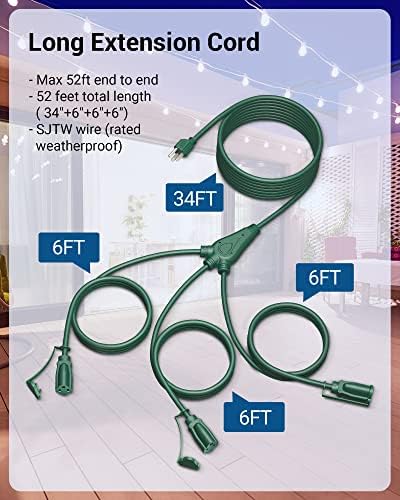 DEWENWILS 52FT (34’+6’ *3) Outdoor Extension Cord 1 to 3 Splitter, Green - Image 5