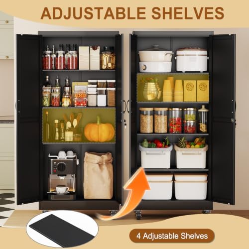 71" Metal Garage Storage Locker Cabinet with Wheels,Rolling Black Farmhouse Kitchen Pantry Cabinet with 2 Doors and 4 Adjustable Shelves, Steel File Tool Cabinet for Home Office Warehouse - Image 5