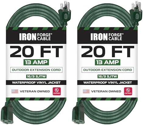 Iron Forge Cable 16 Gauge Heavy Duty Green Extension Cord, 20 Ft - SJTW by IronForgeCable