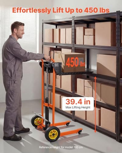 VEVOR Hydraulic Material Lift Winch Stacker, 450 lbs Load Capacity, 39.4'' Max Lifting Height, Pallet Truck Dolly with Fork Lift Table, Foldable & Portable Pallet Jack Table Cart, Orange & Black - Image 2