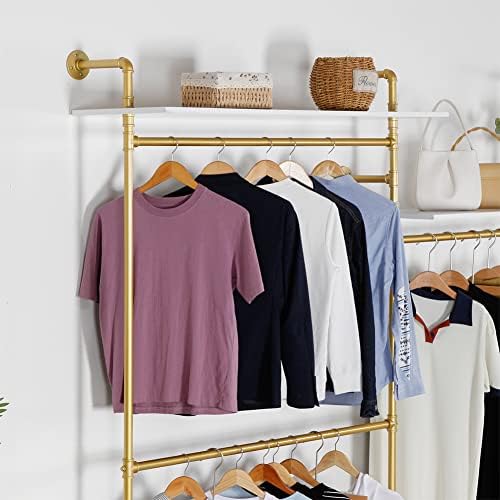 Industrial Pipe Clothing Rack Wall Mounted, Heavy Duty Hanging Clothes Rack Clothing Store Display Stands Garment Rack Closet System, 2 Tier Wood Garment Rack (Gold, 96.5x80.7inch) - Image 2
