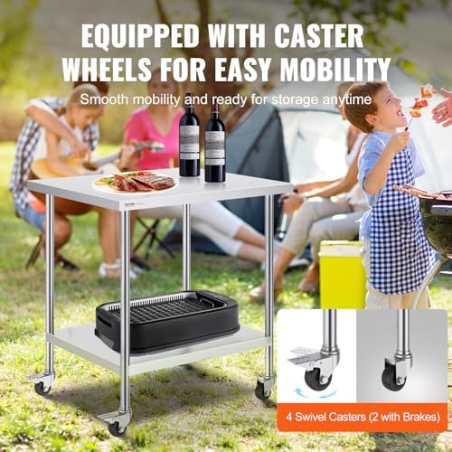 VEVOR Stainless Steel Work Table 30 x 36 x 38 Inch, with 4 Wheels, 3 Adjustable Height Levels, Heavy Duty Food Prep Worktable for Commercial Kitchen Restaurant, Silver - Image 6
