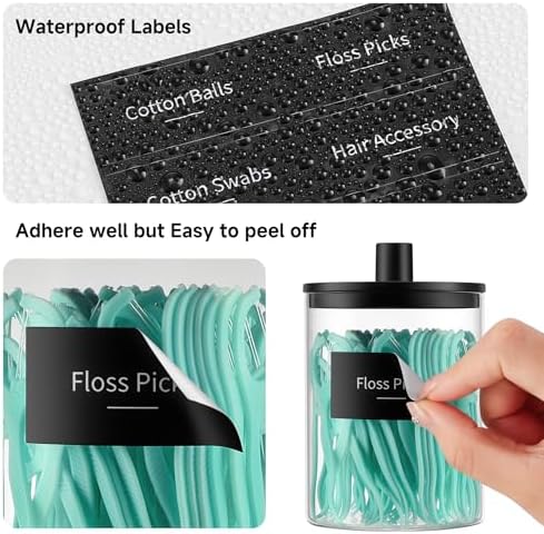 TIPGO Glass Qtip Holder Dispenser - 10 oz Clear Canister Apothecary Jar, Bathroom Vanity Storage Organizer Set for Cotton Swabs, Pads, Floss Picks, Small Containers for Makeup Storage (2 Pack, Black) - Image 5