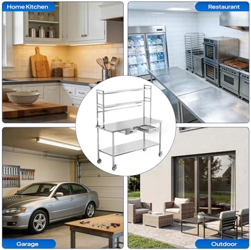 ROVSUN Stainless Steel Table with Wheels & Overshelves 48" X 24", NSF Commercial Heavy Duty Pre Table with Drawers & Adjustable Undershelf，Metal Table with Detachable Hooks for Kitchen Restaurant - Image 7